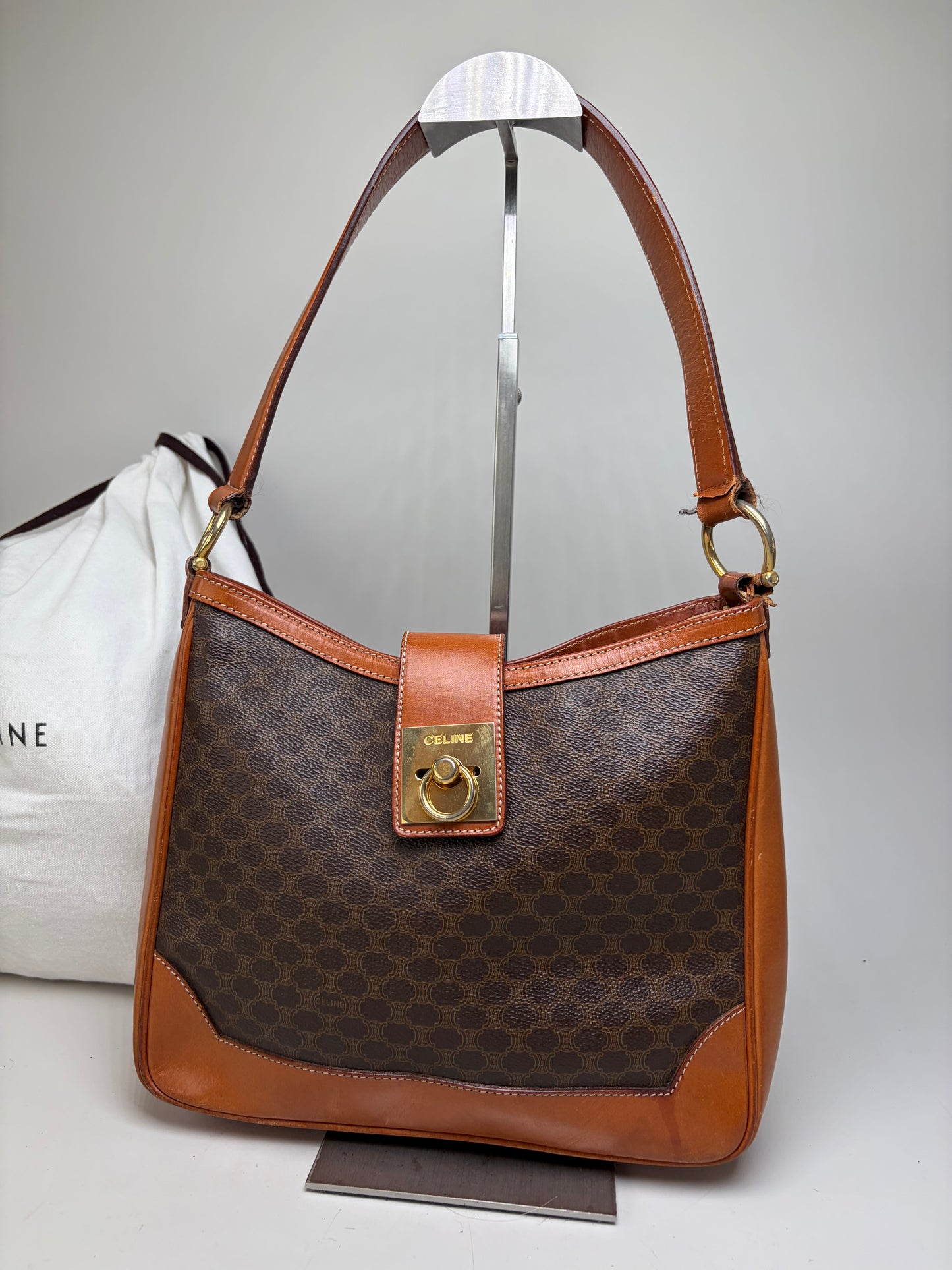 Vintage Celine Macadam Canvas Shoulder Bag Brown Orange