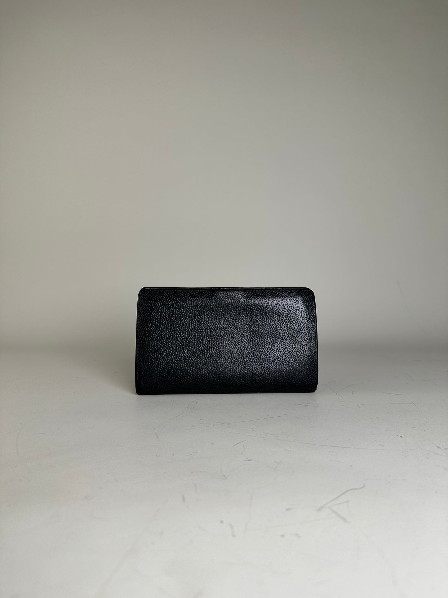 Vintage Chanel Grained Leather Wallet Black Gold Snap