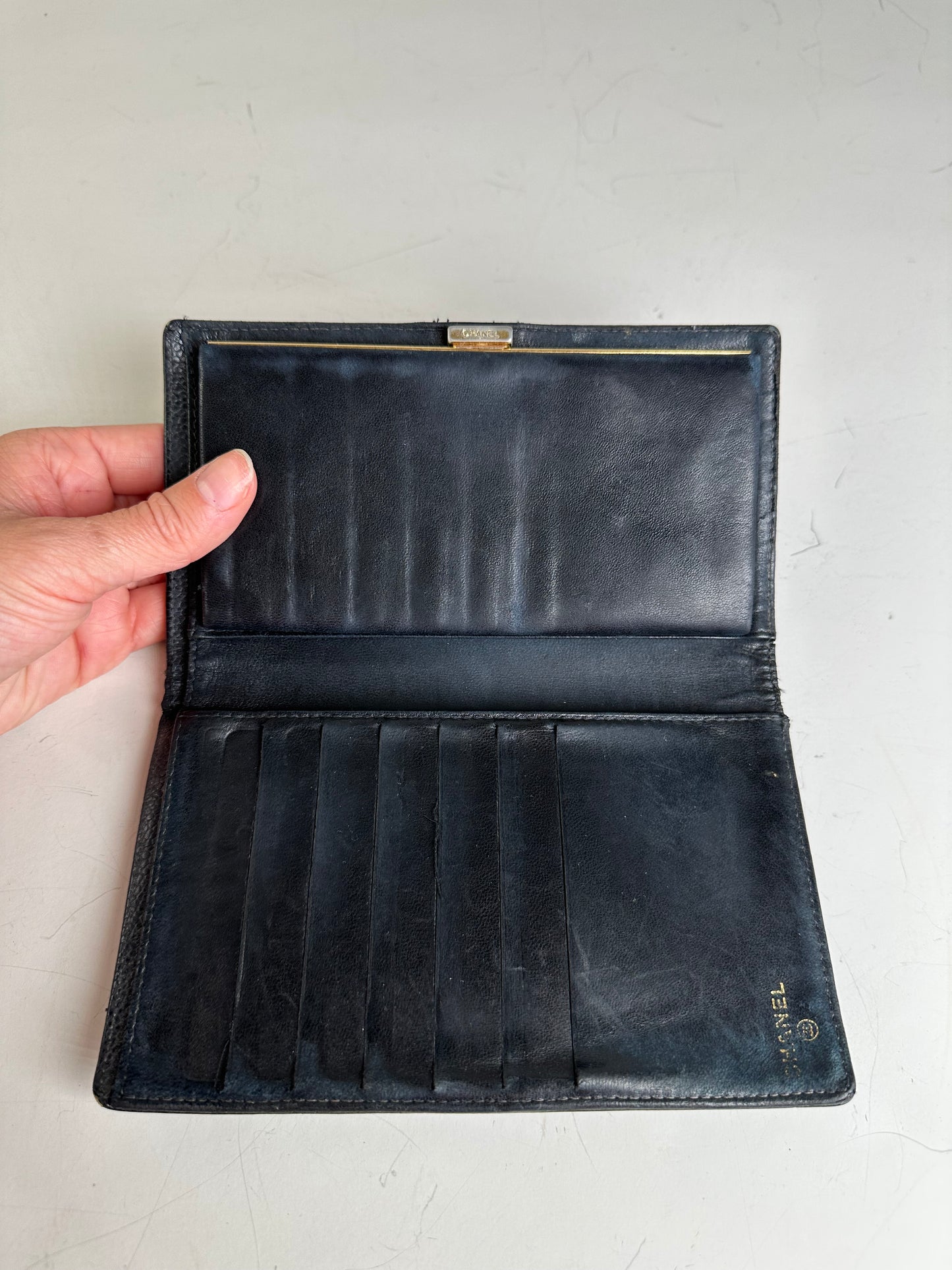 Vintage Chanel Grained Leather Wallet Black Gold Snap