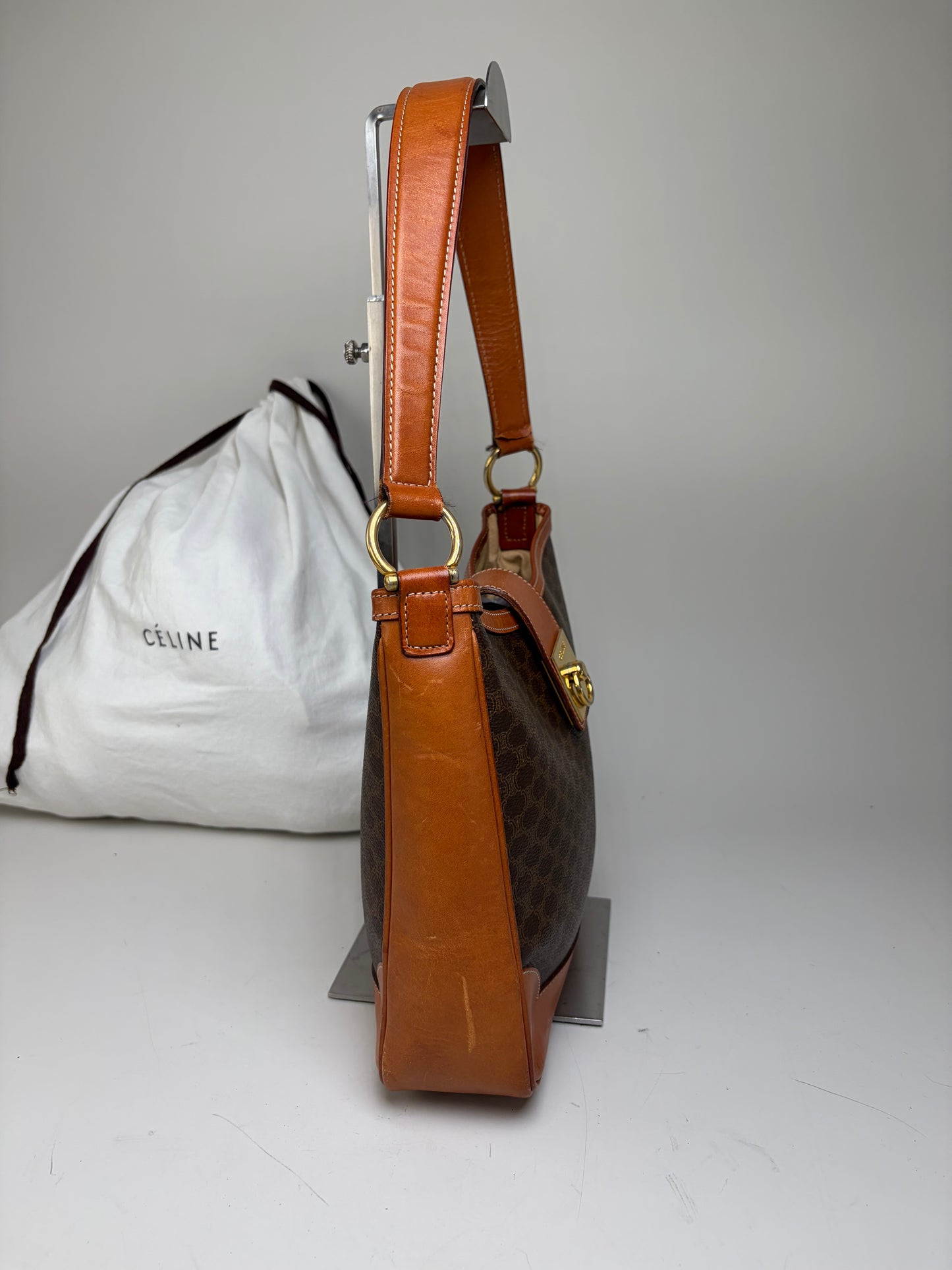 Vintage Celine Macadam Canvas Shoulder Bag Brown Orange