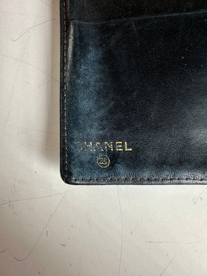 Vintage Chanel Grained Leather Wallet Black Gold Snap