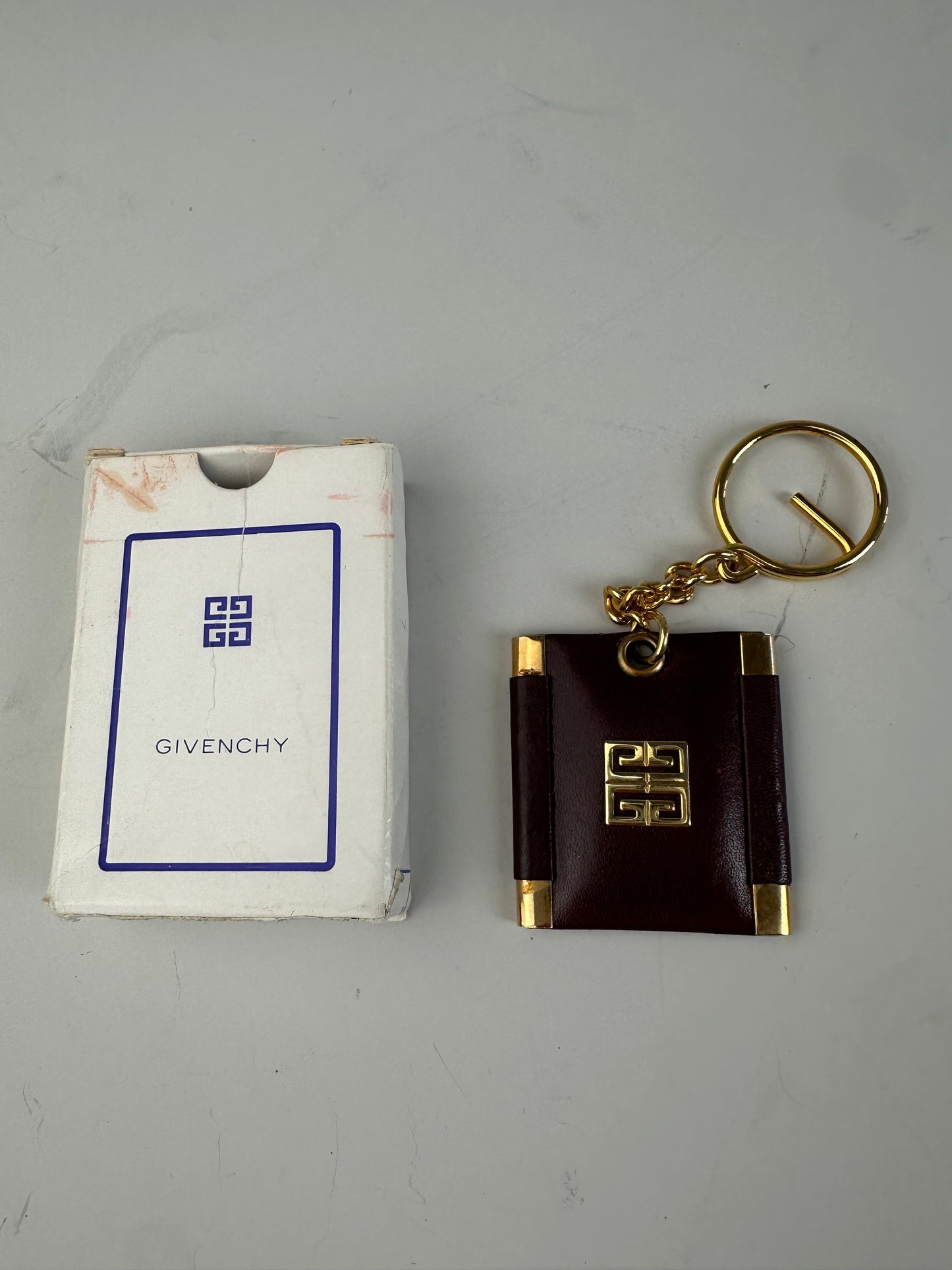Vintage Givenchy Interlocking G Logo Leather Keychain Burgundy Gold