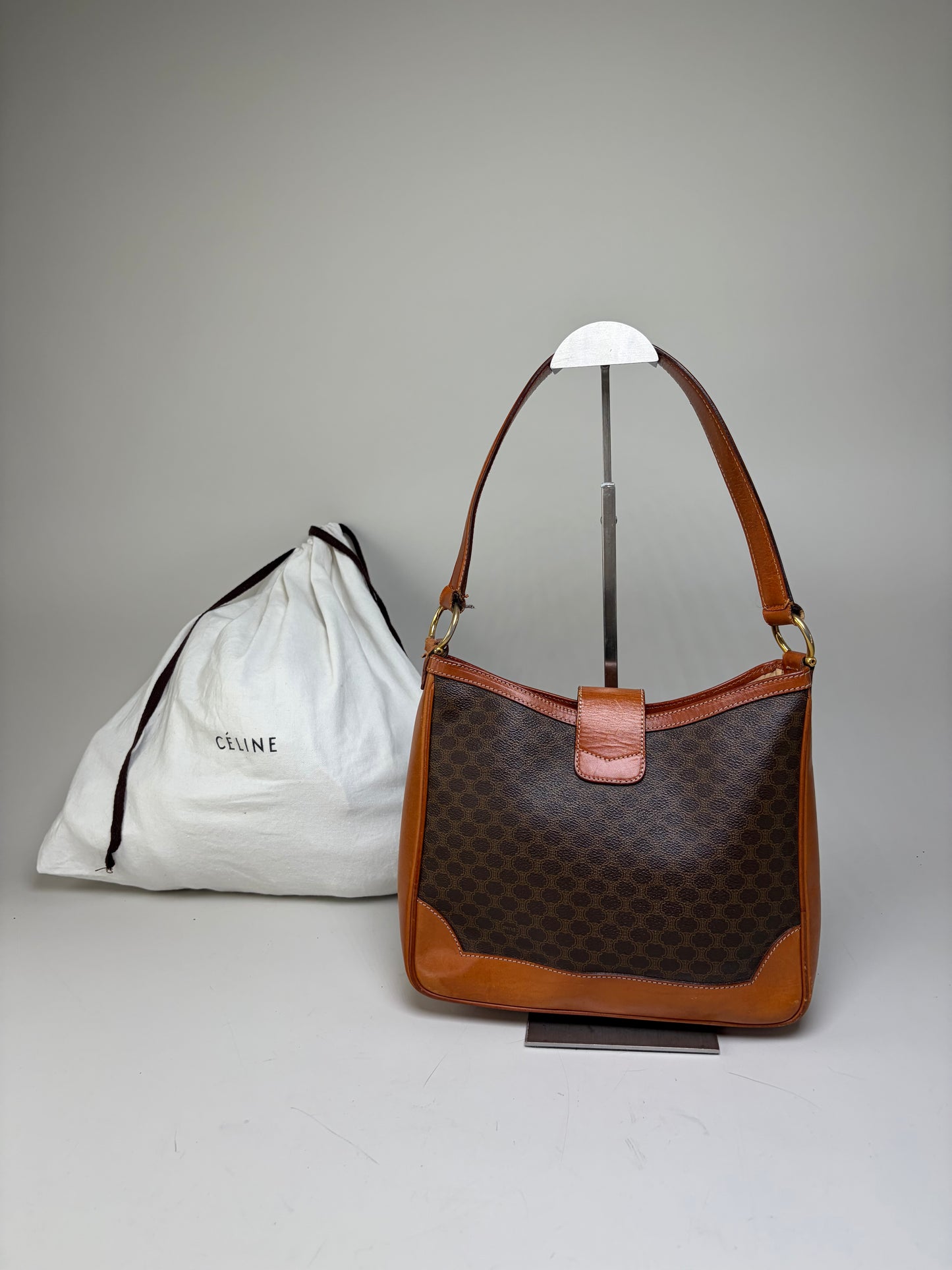 Vintage Celine Macadam Canvas Shoulder Bag Brown Orange
