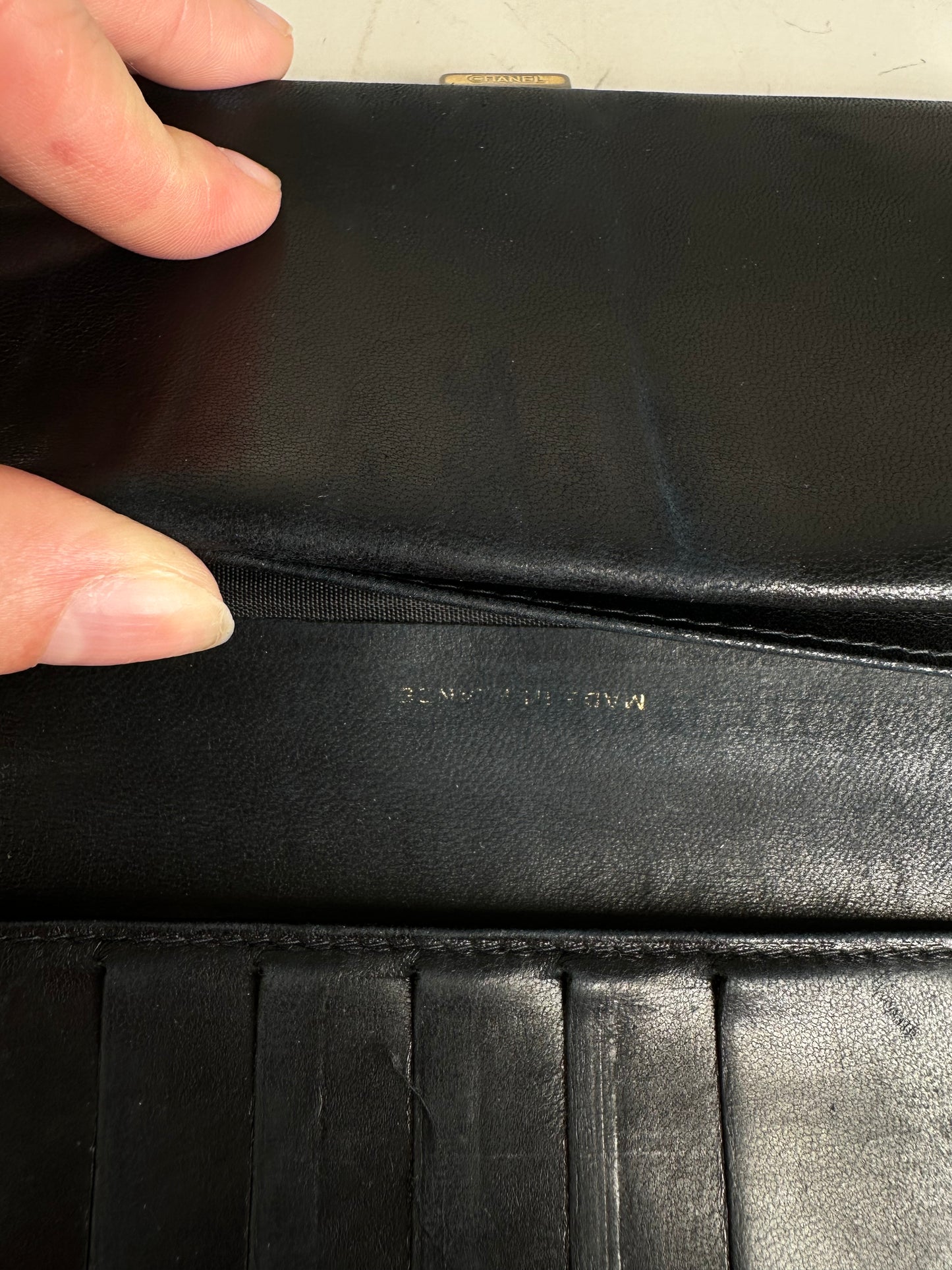 Vintage Chanel Grained Leather Wallet Black Gold Snap