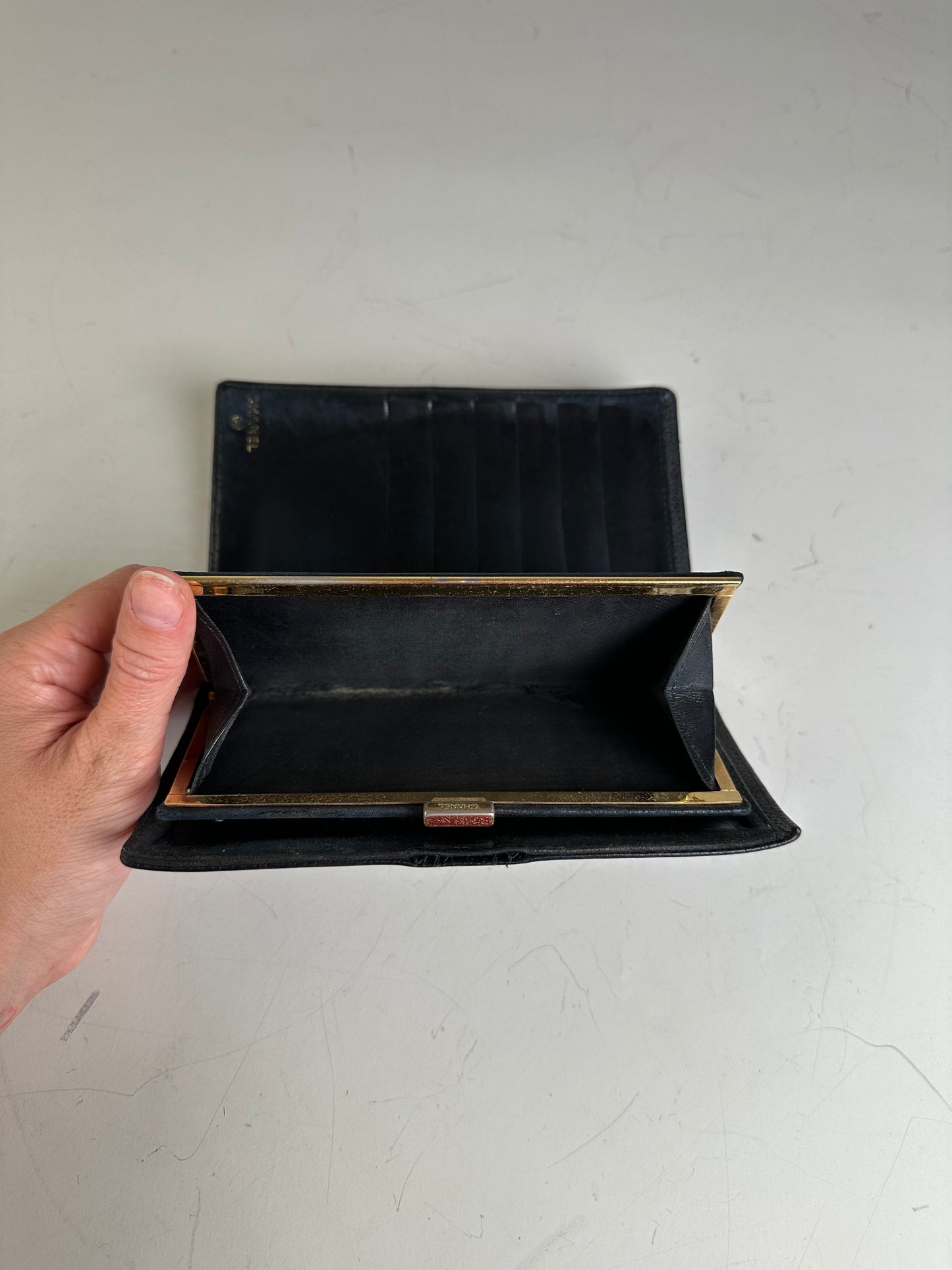 Vintage Chanel Grained Leather Wallet Black Gold Snap