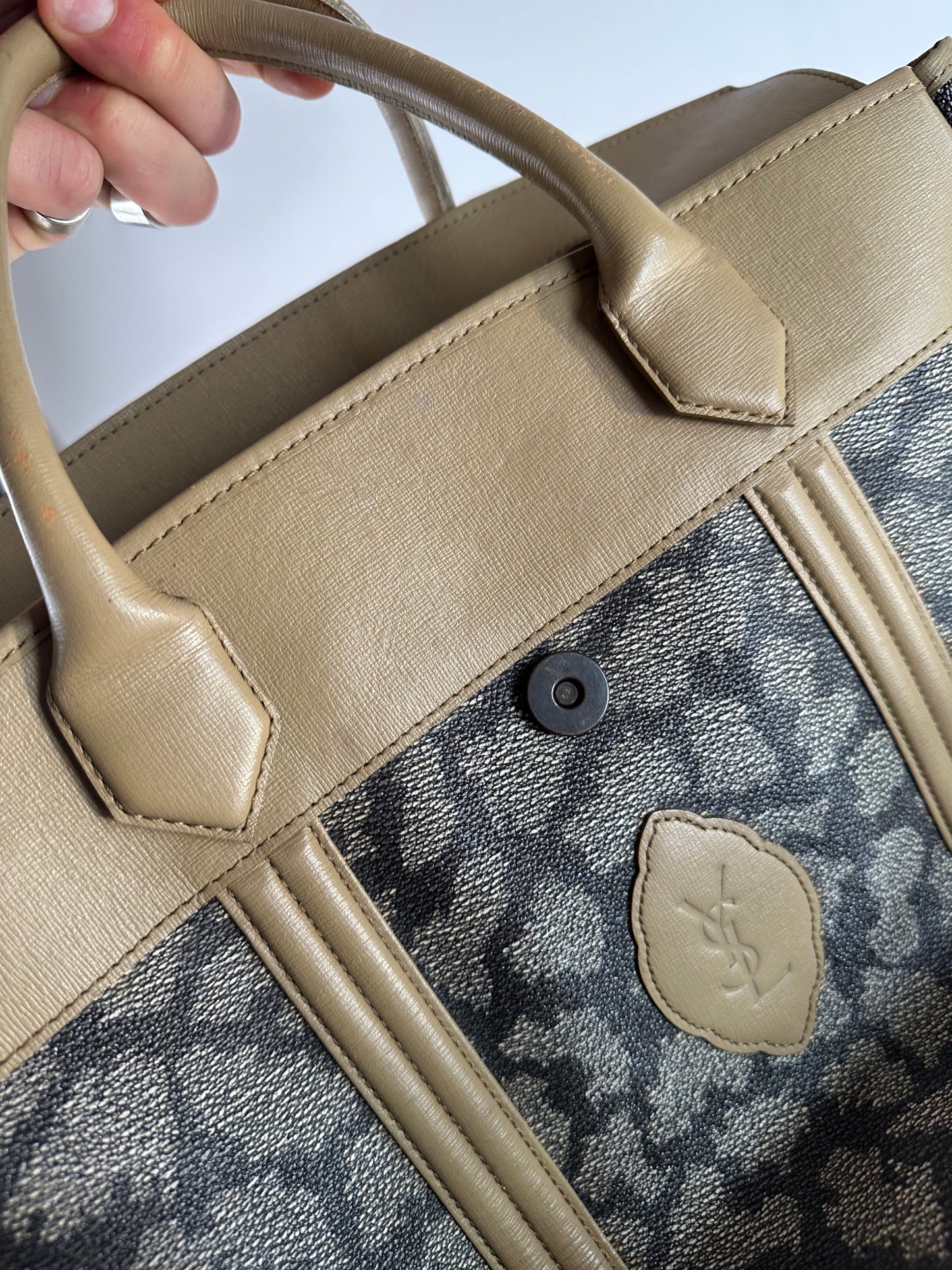 Vintage Yves Saint Laurent Stone Monogram Leather Handbag Black Grey Brown
