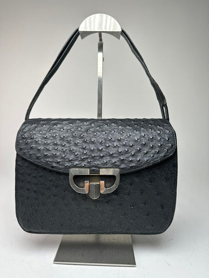Vintage Gucci GG Logo Ostrich Leather Shoulder Bag Black