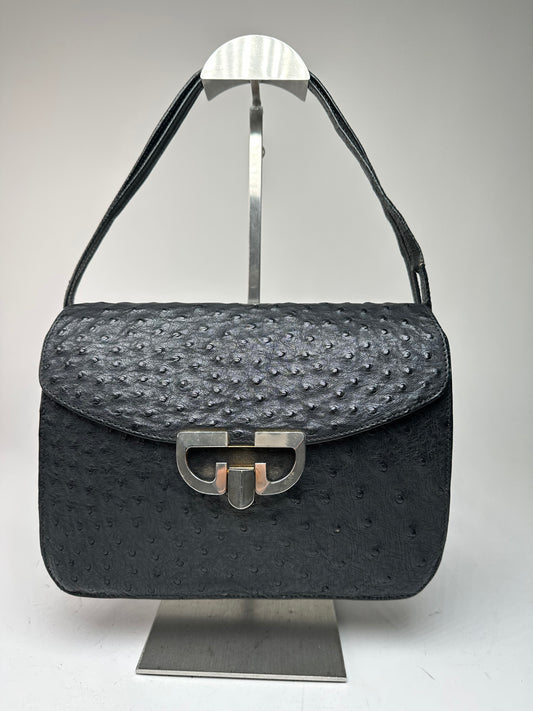 Vintage Gucci GG Logo Ostrich Leather Shoulder Bag Black