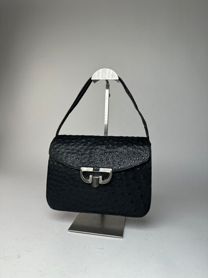 Vintage Gucci GG Logo Ostrich Leather Shoulder Bag Black