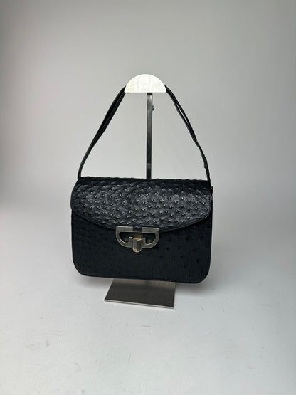 Vintage Gucci GG Logo Ostrich Leather Shoulder Bag Black