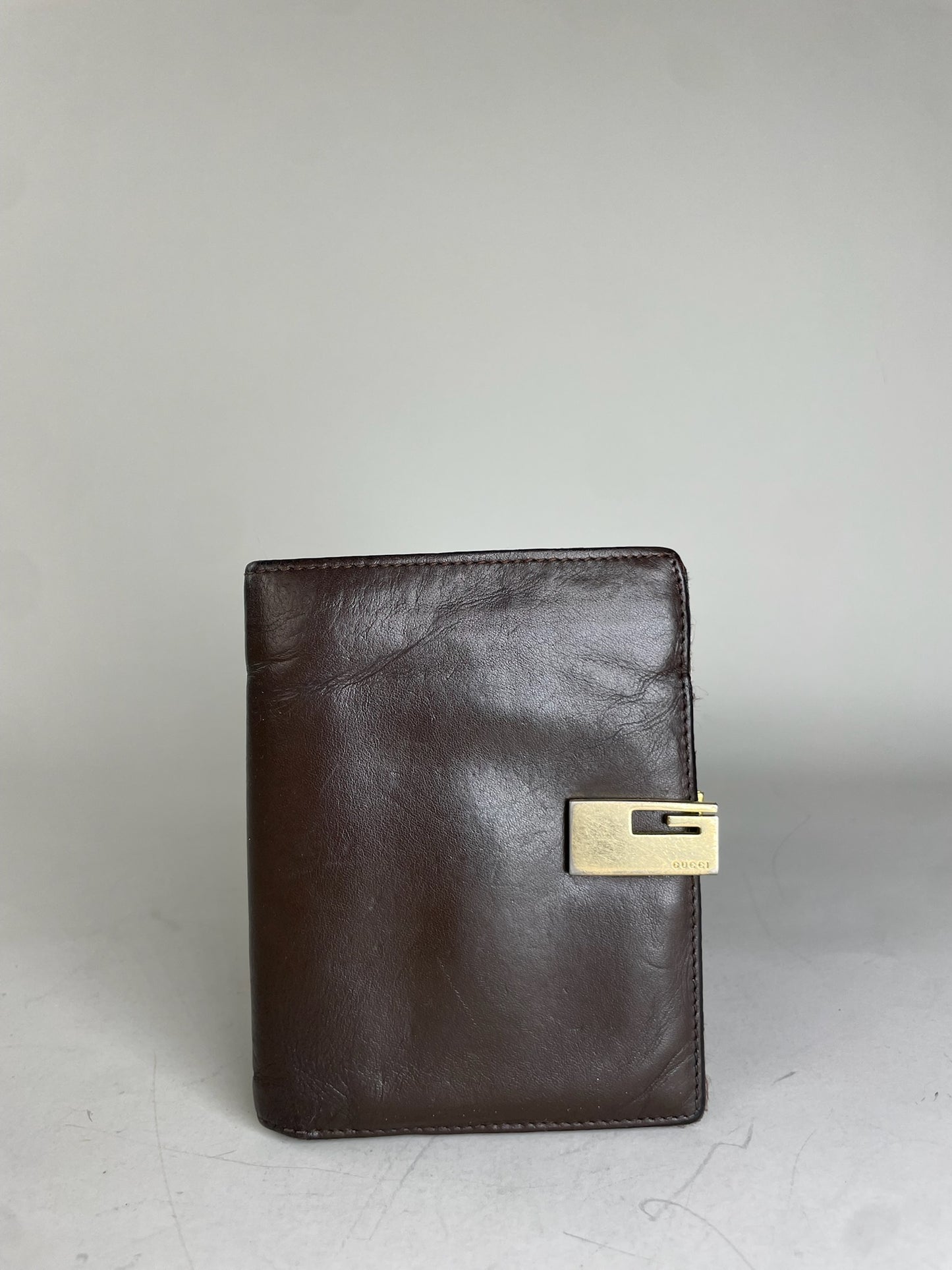 Vintage Gucci Leather Wallet Dark Brown Gold Clasp
