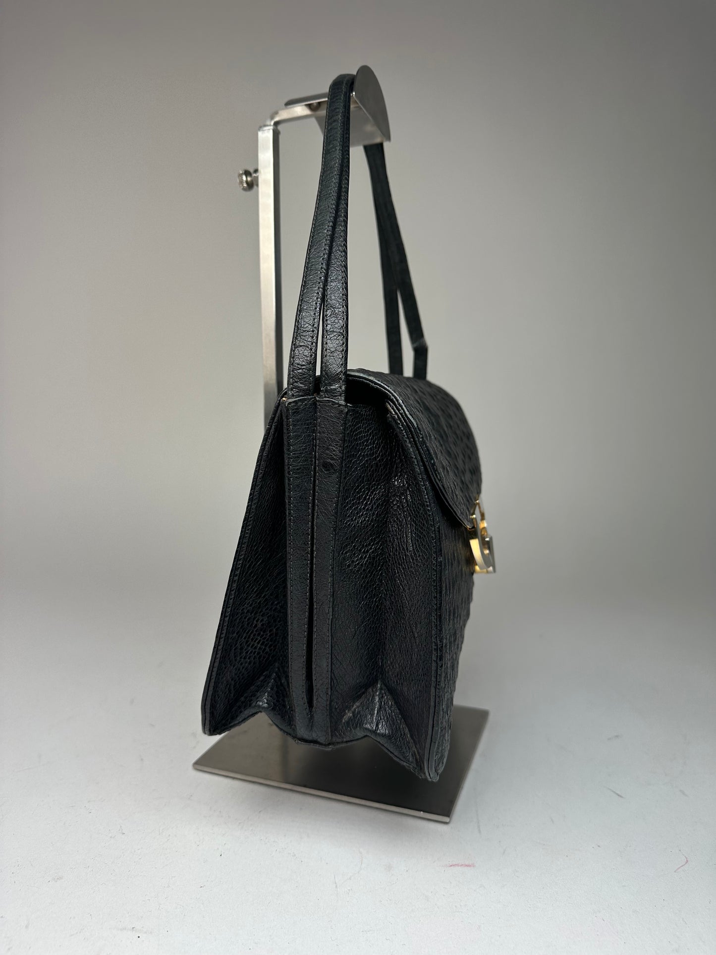 Vintage Gucci GG Logo Ostrich Leather Shoulder Bag Black