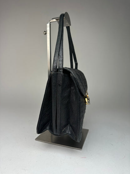 Vintage Gucci GG Logo Ostrich Leather Shoulder Bag Black