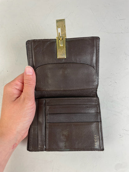 Vintage Gucci Leather Wallet Dark Brown Gold Clasp