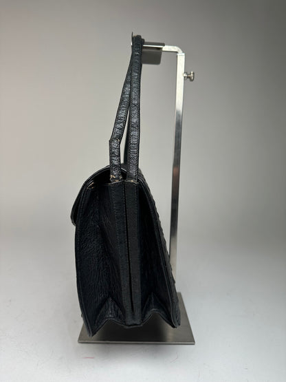 Vintage Gucci GG Logo Ostrich Leather Shoulder Bag Black