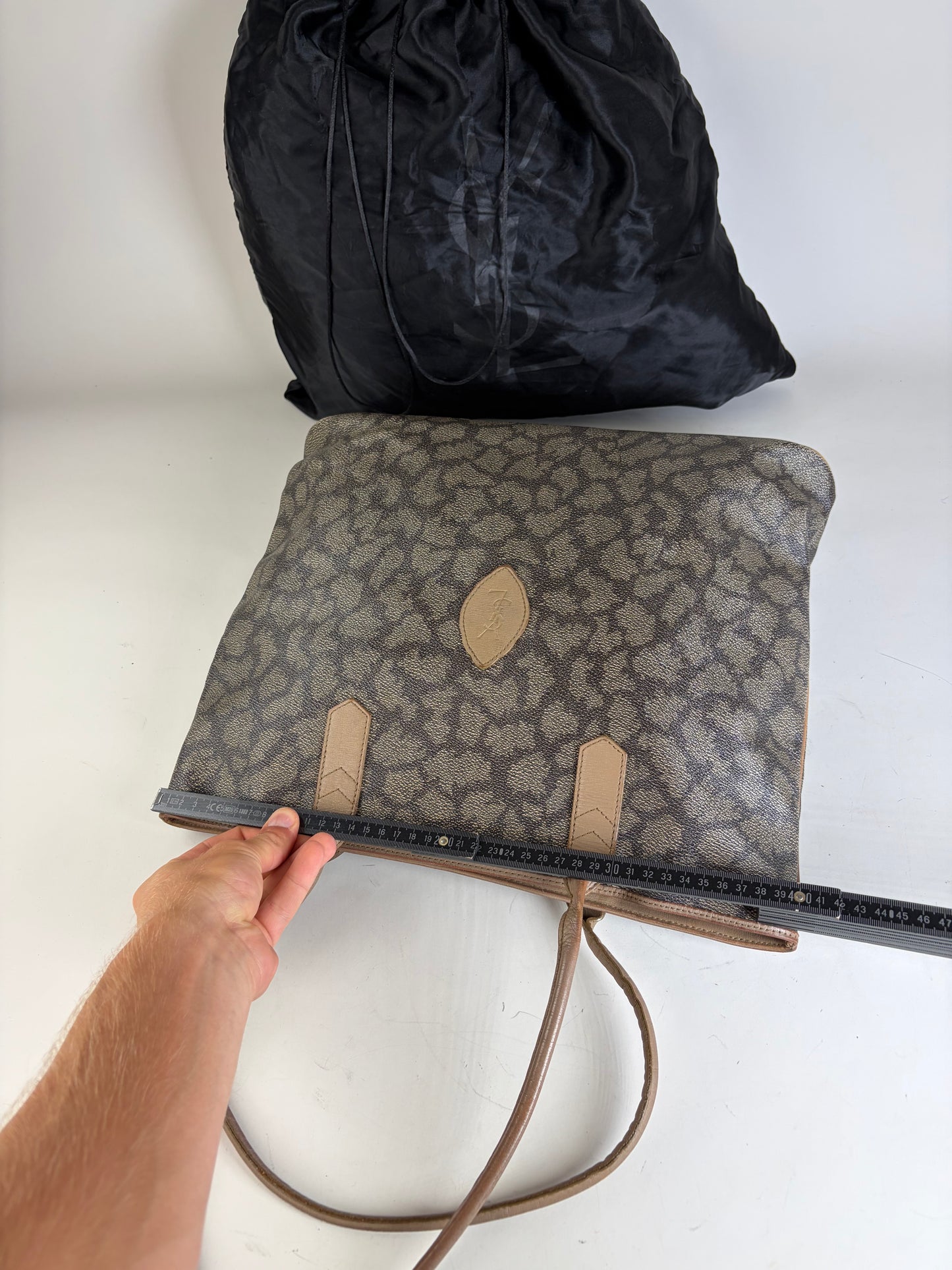Vintage Yves Saint Laurent Monogram Canvas Tote Gray Beige
