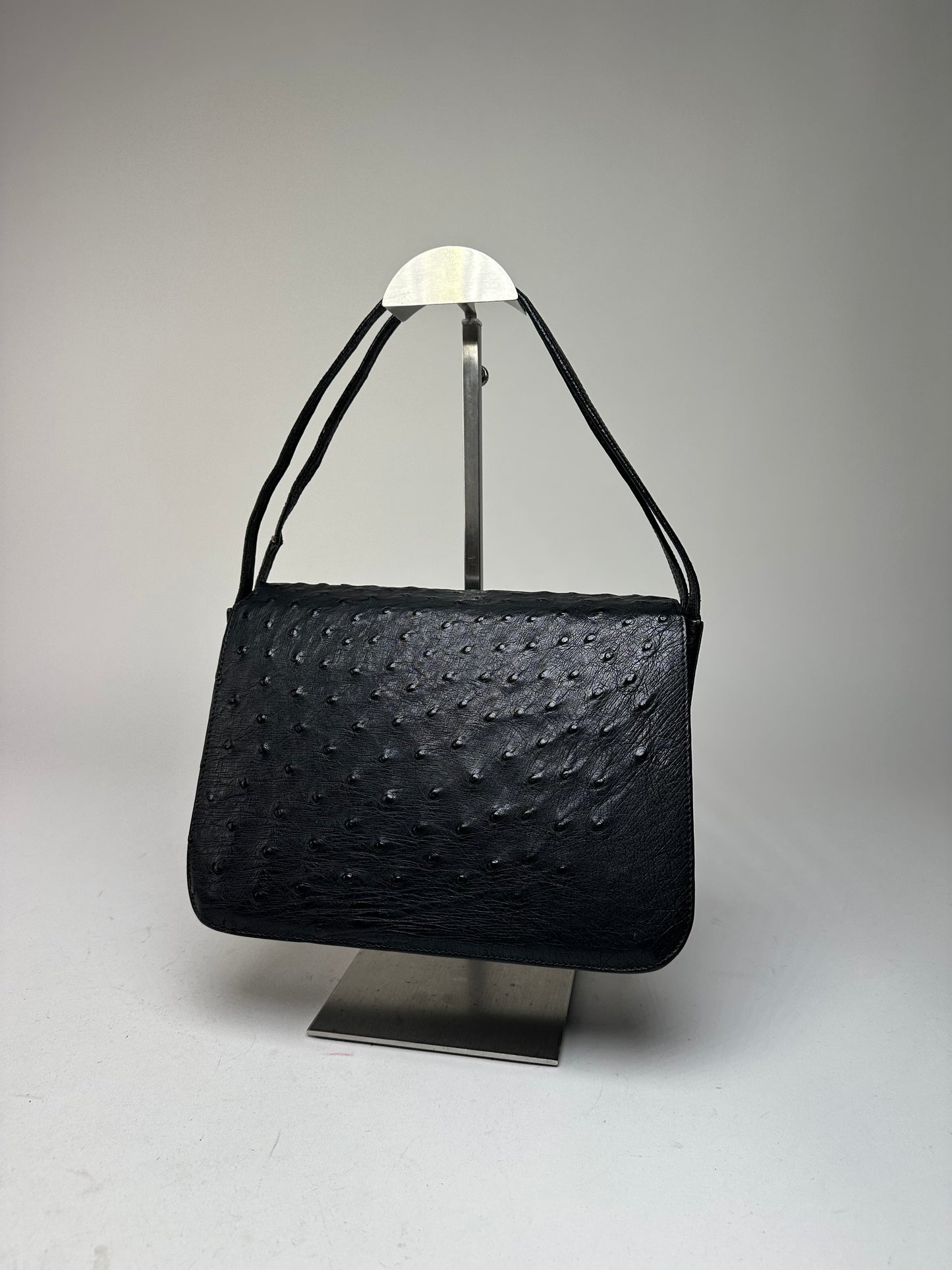 Vintage Gucci GG Logo Ostrich Leather Shoulder Bag Black