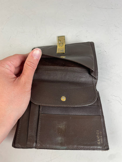 Vintage Gucci Leather Wallet Dark Brown Gold Clasp