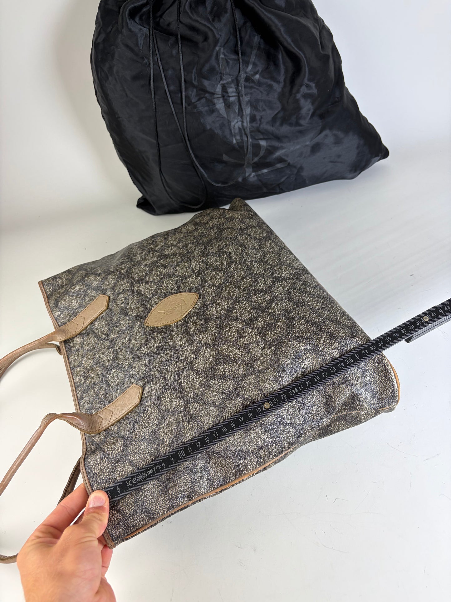 Vintage Yves Saint Laurent Monogram Canvas Tote Gray Beige
