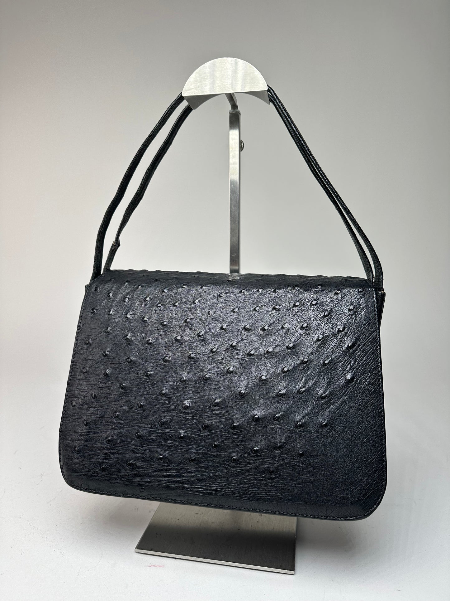 Vintage Gucci GG Logo Ostrich Leather Shoulder Bag Black