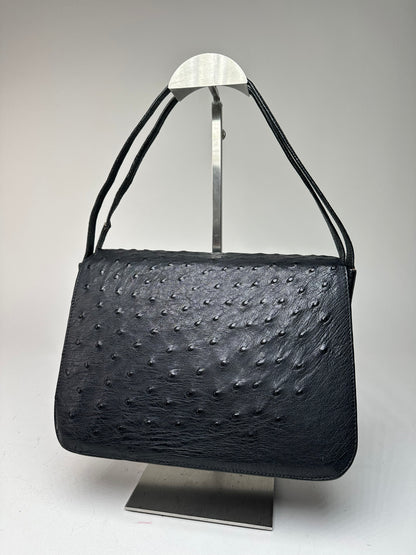 Vintage Gucci GG Logo Ostrich Leather Shoulder Bag Black