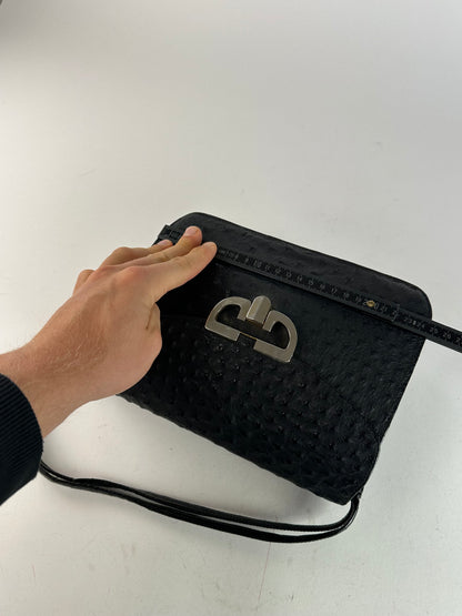 Vintage Gucci GG Logo Ostrich Leather Shoulder Bag Black