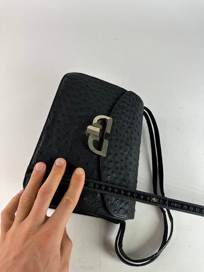 Vintage Gucci GG Logo Ostrich Leather Shoulder Bag Black