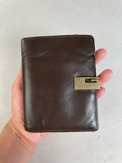 Vintage Gucci Leather Wallet Dark Brown Gold Clasp