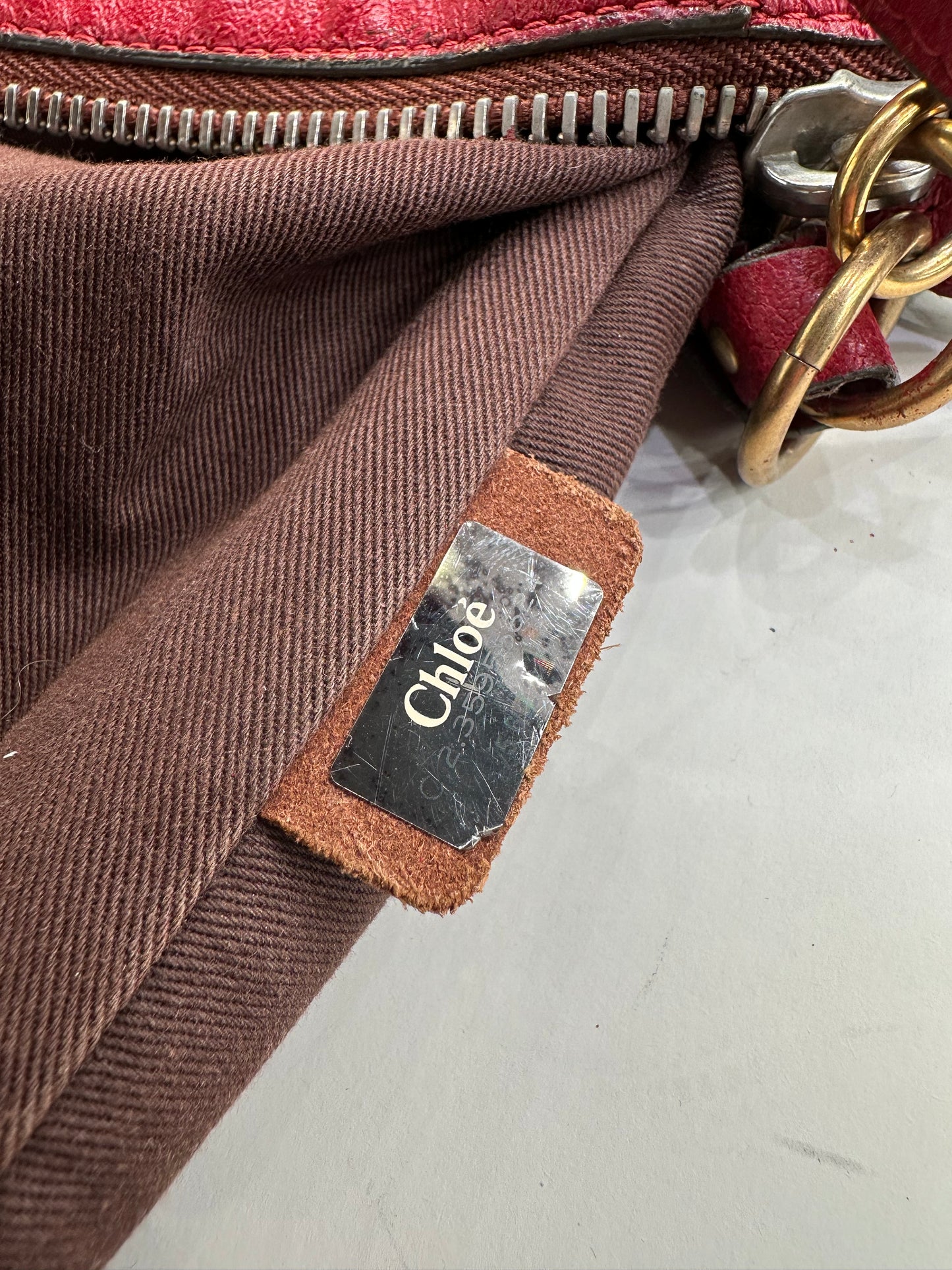 Vintage Chloe Grained Leather Shoulder Bag Red Gold