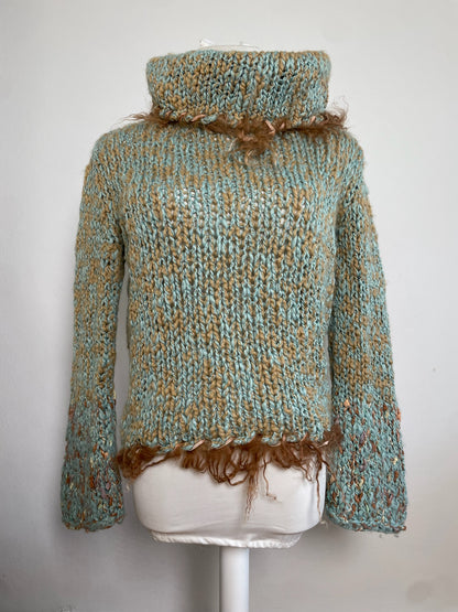 Vintage Escada Metallic Wool Blend Sweater Aqua Tan S