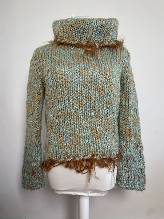 Vintage Escada Wool Fur Trim Sweater Aqua Beige M