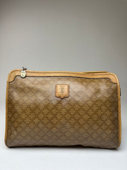 Vintage Celine Triomphe Monogram Leather Clutch Beige Gold Brown