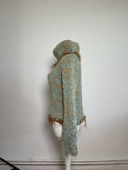 Vintage Escada Metallic Wool Blend Sweater Aqua Tan S