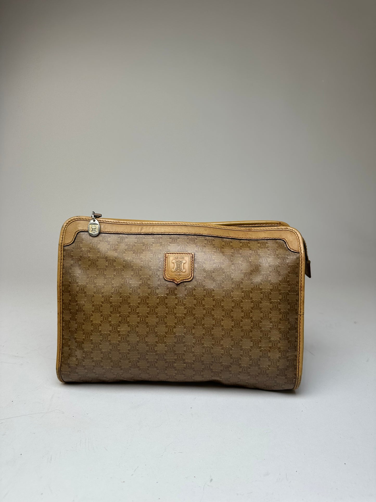 Vintage Celine Triomphe Monogram Leather Clutch Beige Gold Brown