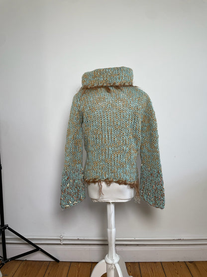 Vintage Escada Metallic Wool Blend Sweater Aqua Tan S