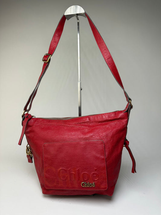 Vintage Chloe Grained Leather Shoulder Bag Red Gold