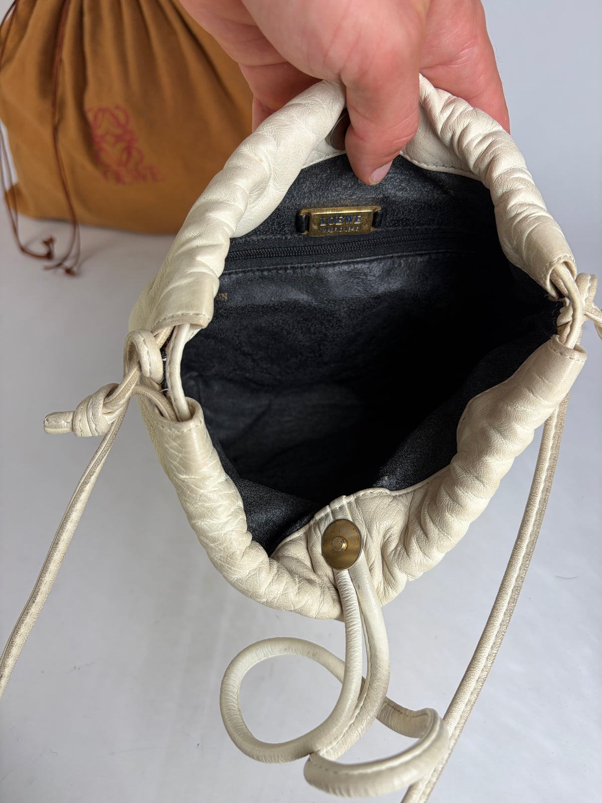 Vintage Loewe Textured Leather Drawstring Bag Late 1990s Off-White