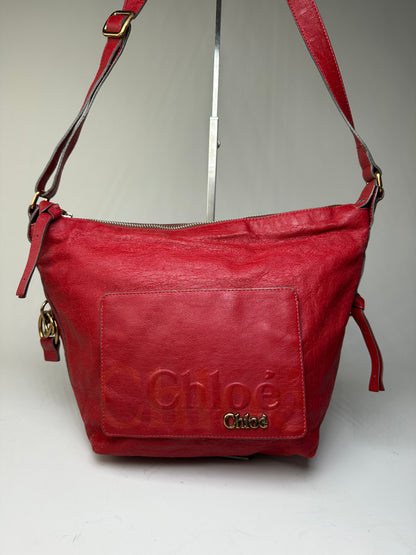 Vintage Chloe Grained Leather Shoulder Bag Red Gold