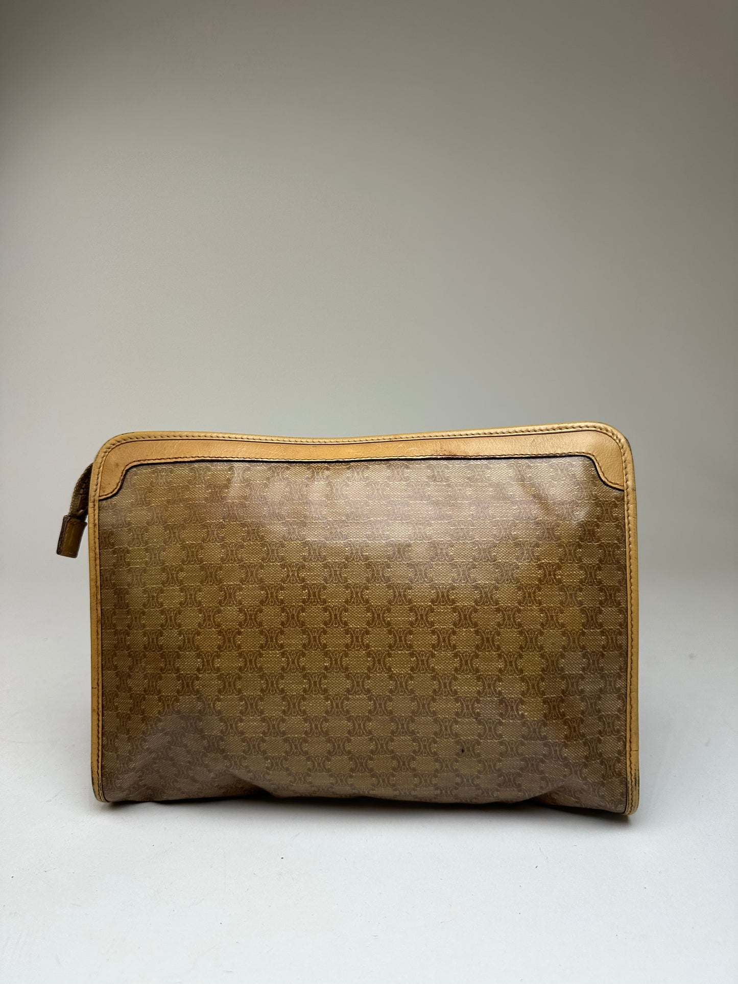 Vintage Celine Triomphe Monogram Leather Clutch Beige Gold Brown