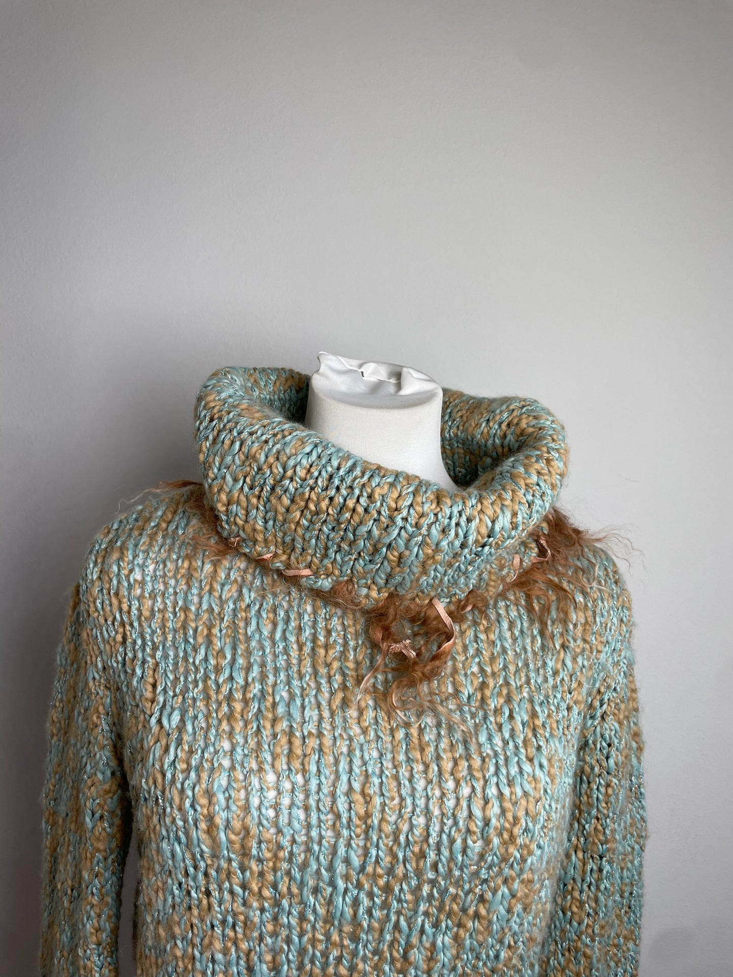 Vintage Escada Metallic Wool Blend Sweater Aqua Tan S