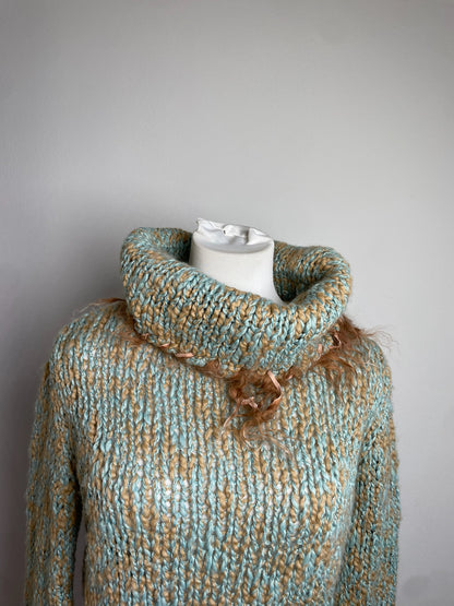 Vintage Escada Metallic Wool Blend Sweater Aqua Tan S