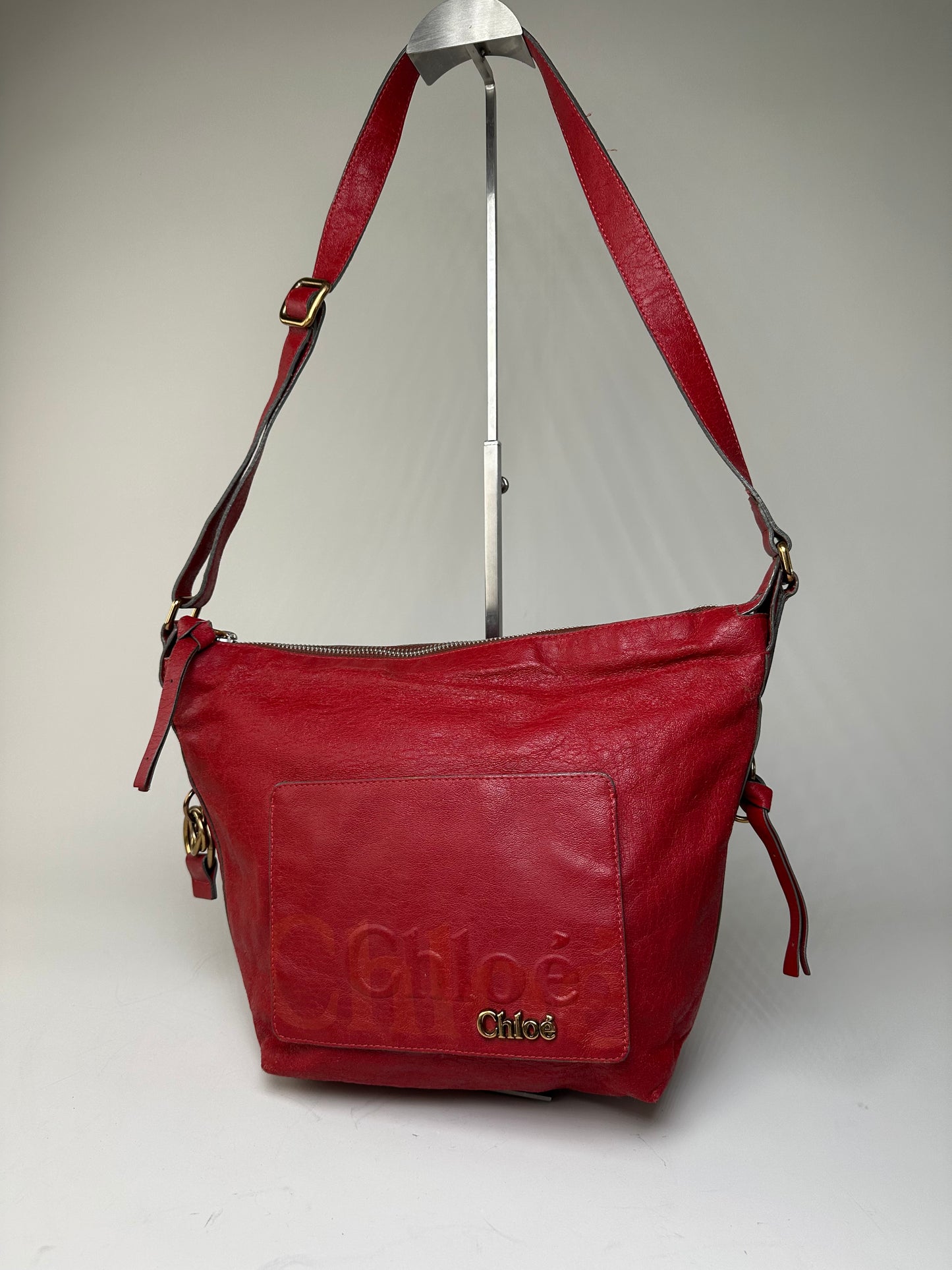 Vintage Chloe Grained Leather Shoulder Bag Red Gold