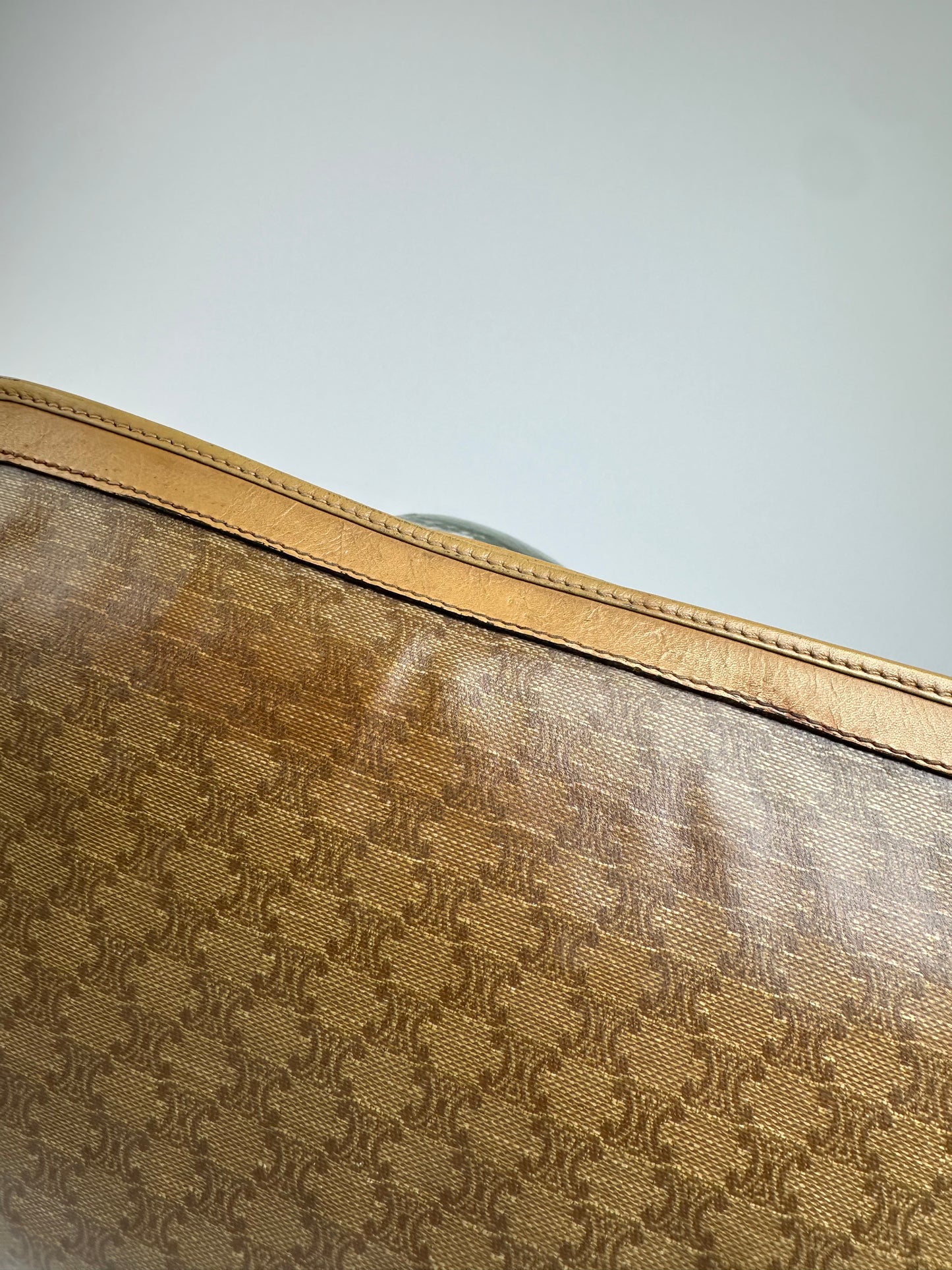 Vintage Celine Triomphe Monogram Leather Clutch Beige Gold Brown