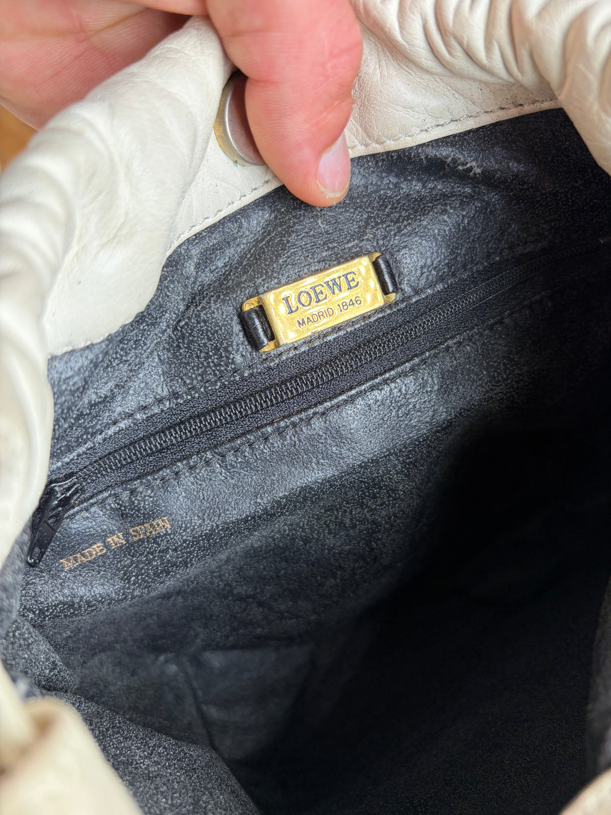 Vintage Loewe Textured Leather Drawstring Bag Late 1990s Off-White