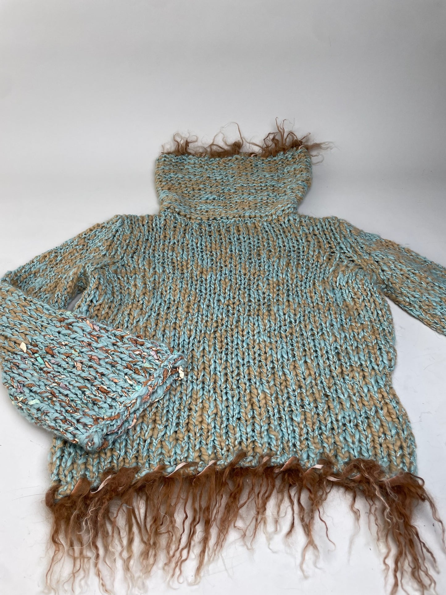 Vintage Escada Metallic Wool Blend Sweater Aqua Tan S