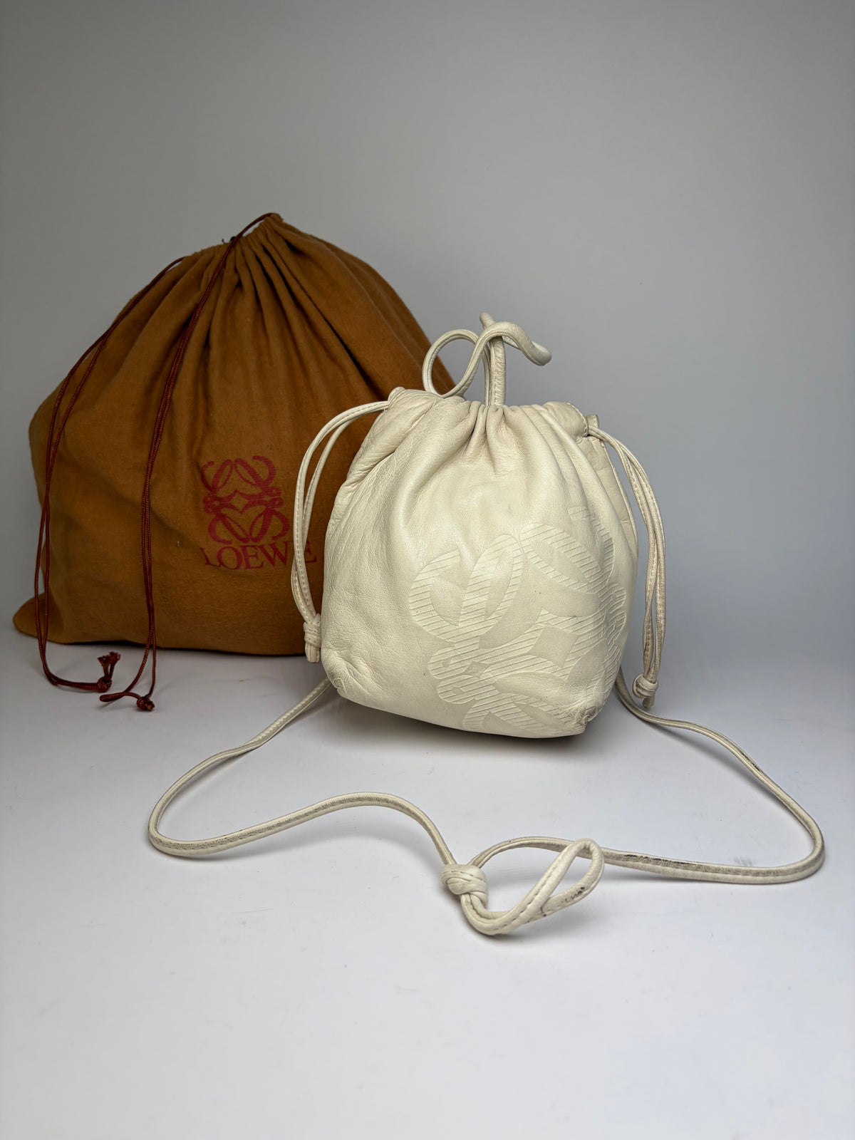 Vintage Loewe Textured Leather Drawstring Bag Late 1990s Off-White