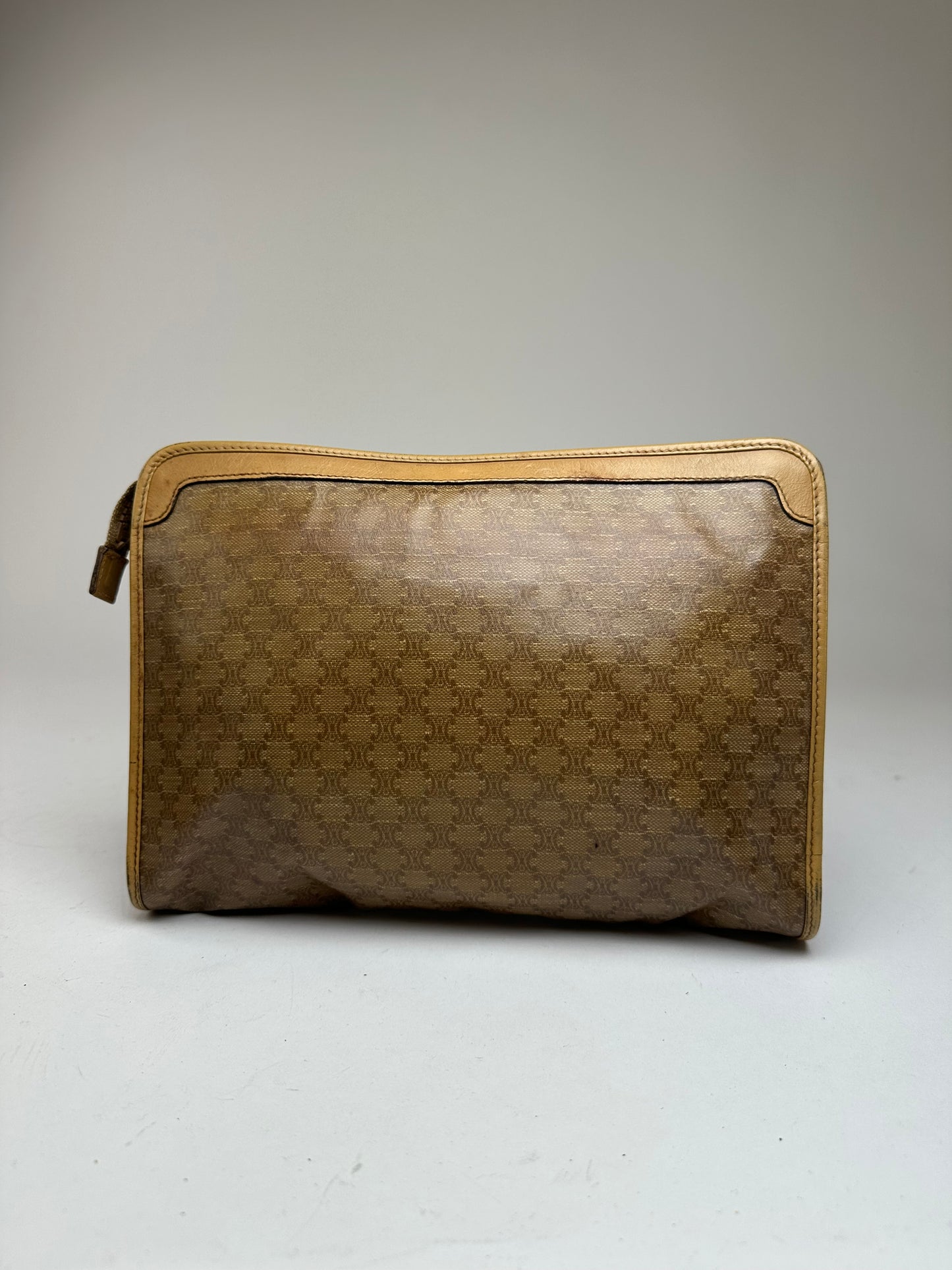 Vintage Celine Triomphe Monogram Leather Clutch Beige Gold Brown