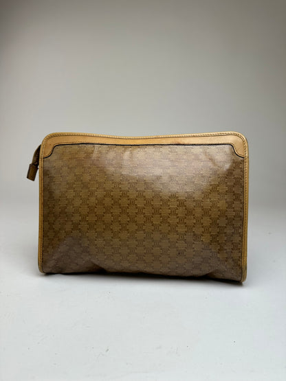 Vintage Celine Triomphe Monogram Leather Clutch Beige Gold Brown