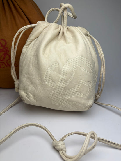 Vintage Loewe Textured Leather Drawstring Bag Late 1990s Off-White