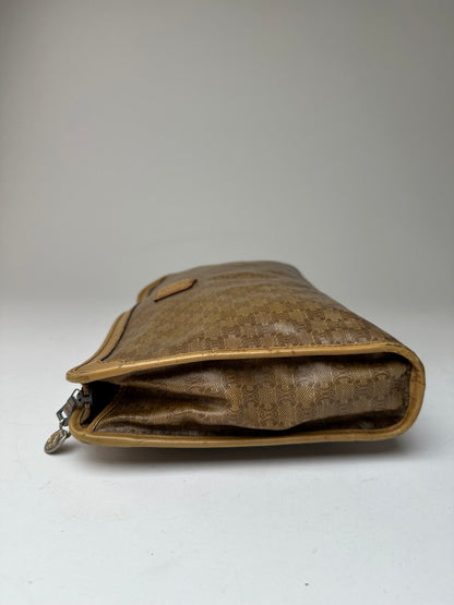 Vintage Celine Triomphe Monogram Leather Clutch Beige Gold Brown